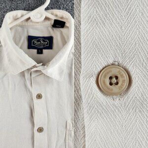 Nat Nast Short Sleeve Ivory Button Up Shirt Men Large Silk Cotton Blend Pocket